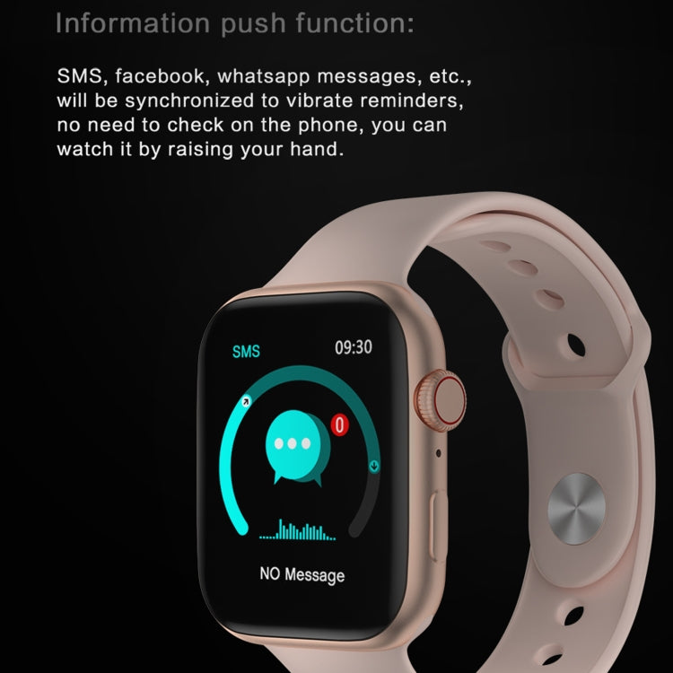 Waterproof smart watch with light rose strap, chat notification screen with SMS icon