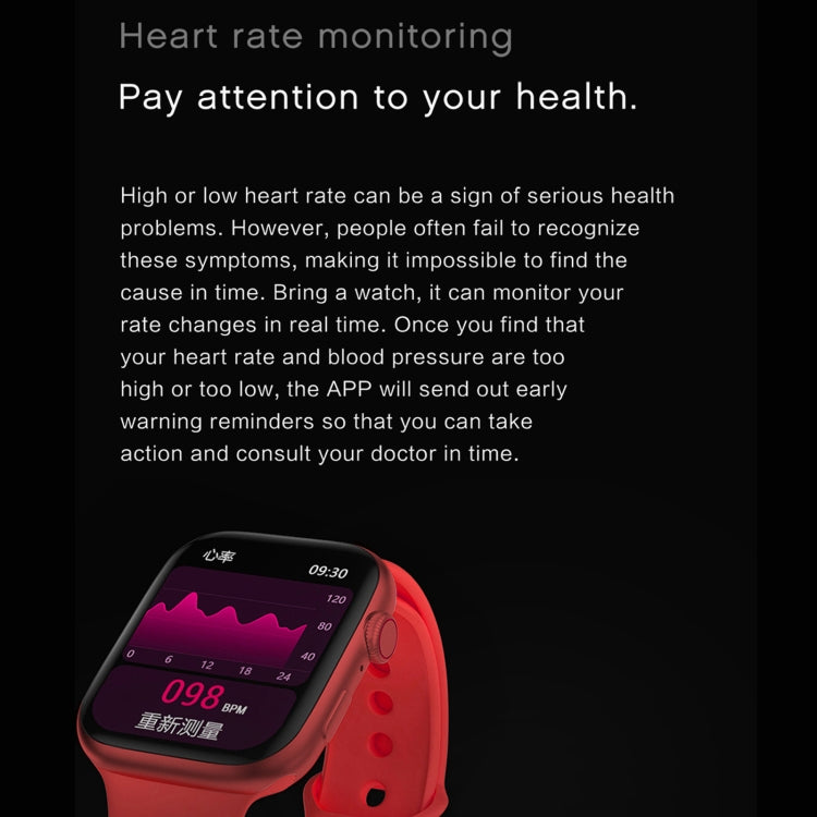 Waterproof smart watch with red strap, heart-rate graph and 0.98 BPM on screen