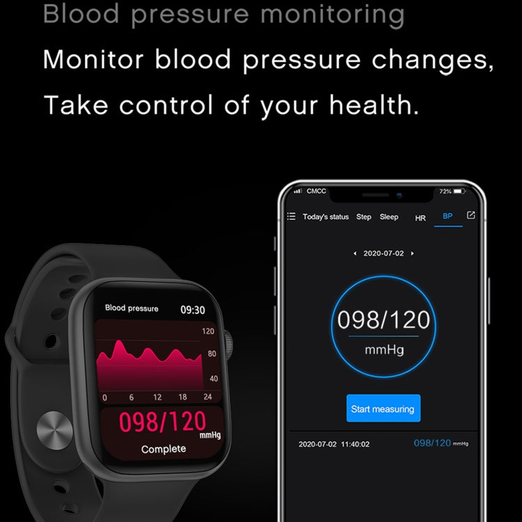 Waterproof smart watch with dark strap, blood pressure 098/120 mmHg on color display