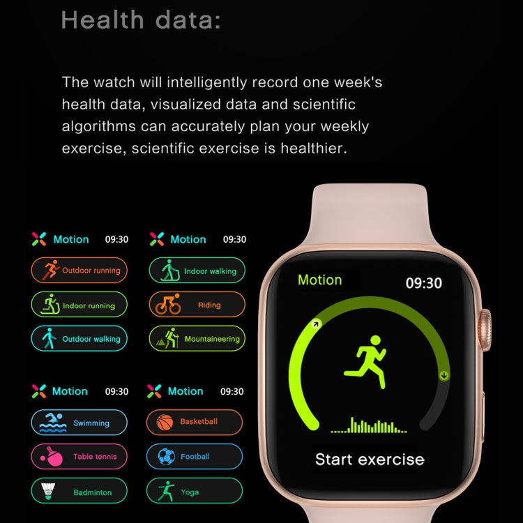 Rose gold metal strap smartwatch with round display showing motion and exercise screen