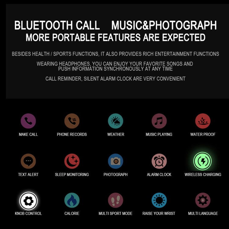 Smartwatch display with icons for Bluetooth call, music, sleep monitoring, wireless charging