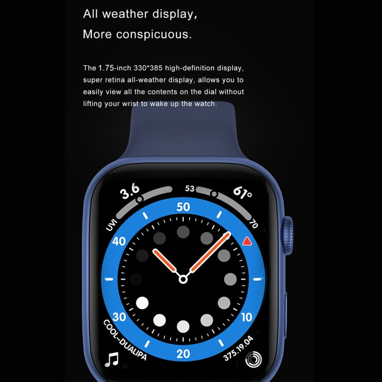 Blue smartwatch with color display and dial-style clock on face