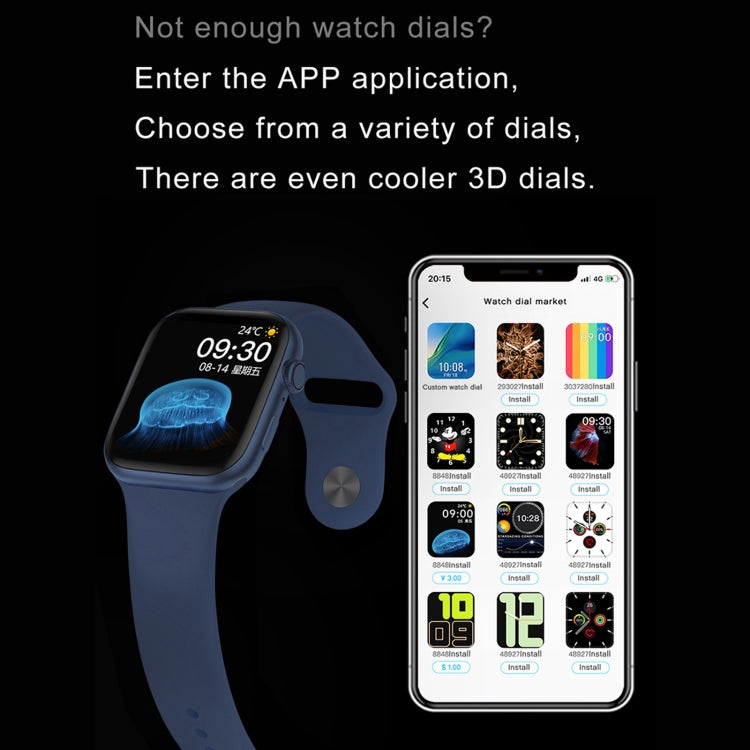 Waterproof smart watch with blue strap and color touchscreen, watch dial thumbnails