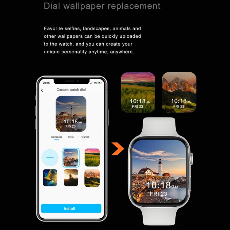 Waterproof smart watch with white strap showing custom wallpaper dial on color screen