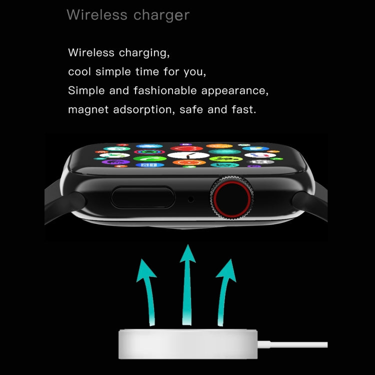 Waterproof smart watch with black face and colorful icons, wireless charging base