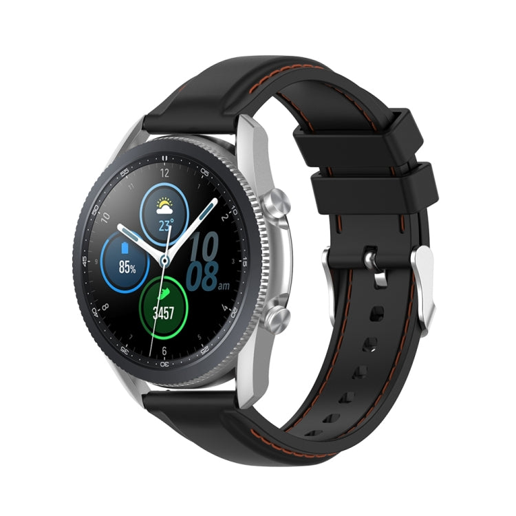 Silicone smartwatch replacement strap, black with perforations and orange-brown edge stitching