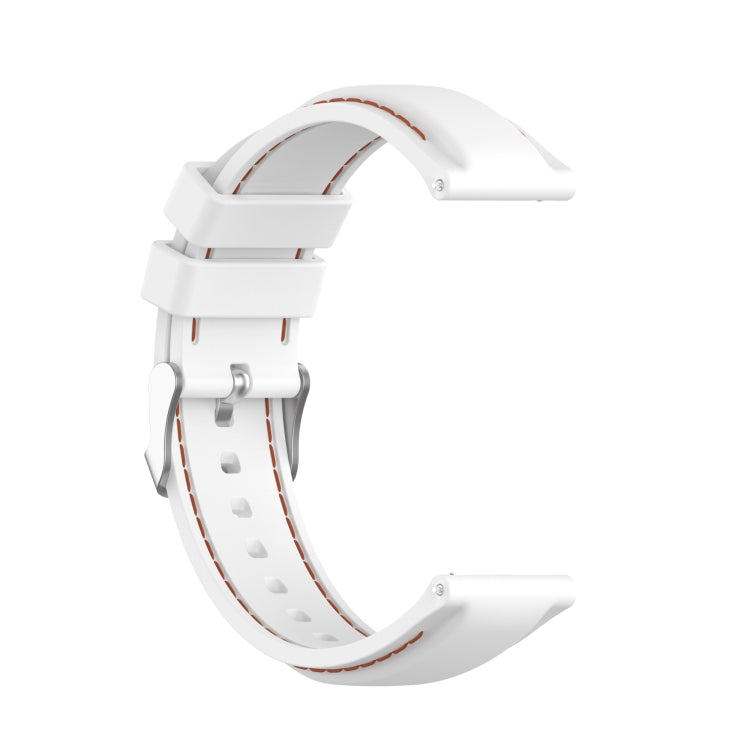 White silicone 22mm watch strap with pin buckle, side view of perforations and rust-orange edges