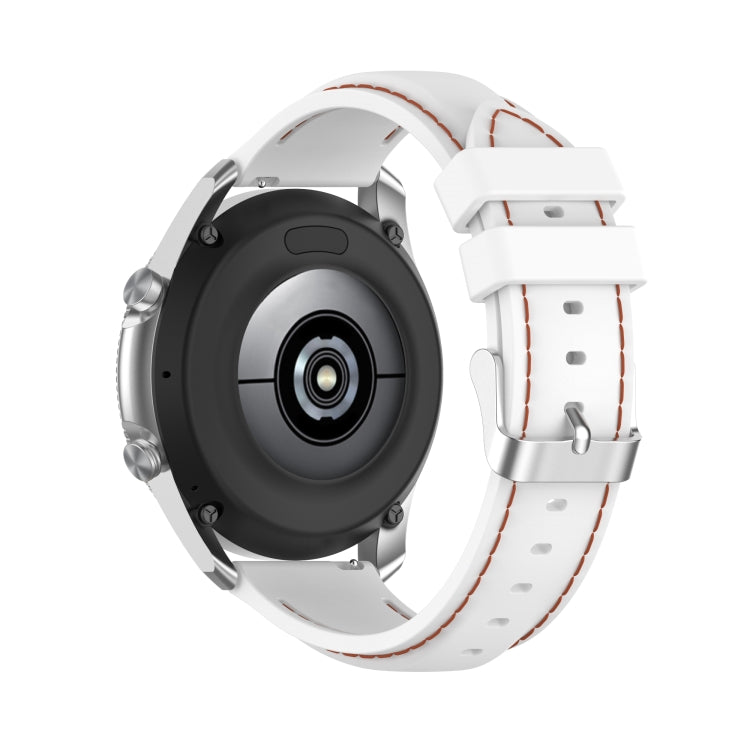 White 22mm silicone watch strap with pin buckle and perforations, shown with device frame
