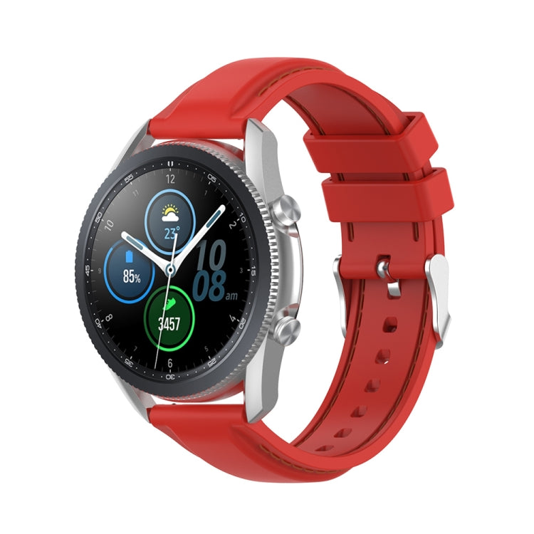 Red 22mm silicone watch strap with pin buckle and perforations, matching red edge stitching