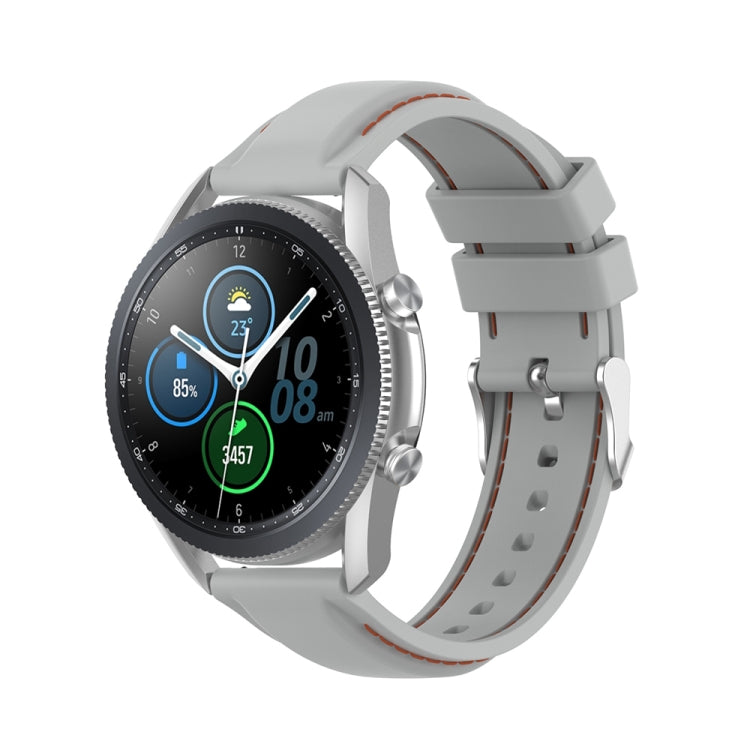 Light grey 22mm silicone watch strap with pin buckle, perforations and rust-orange edge stitching
