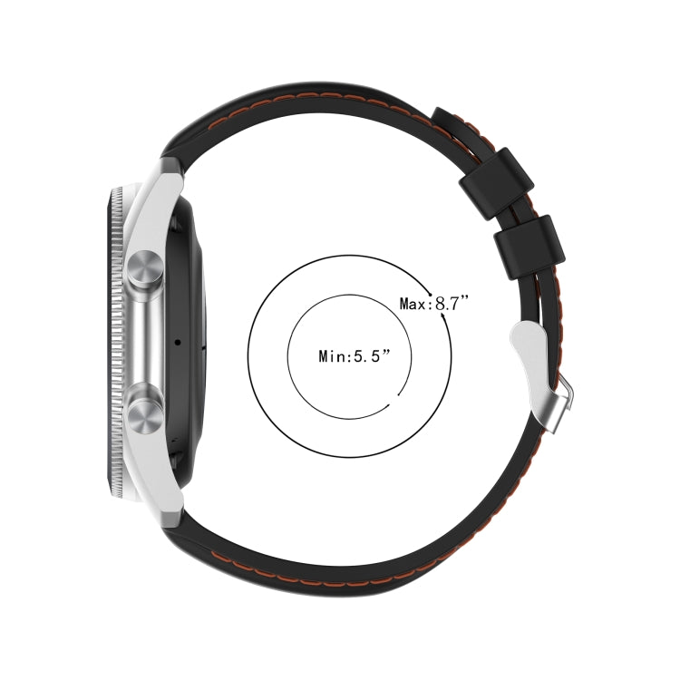 22mm silicone watch strap, black with orange edge stitching and buckle
