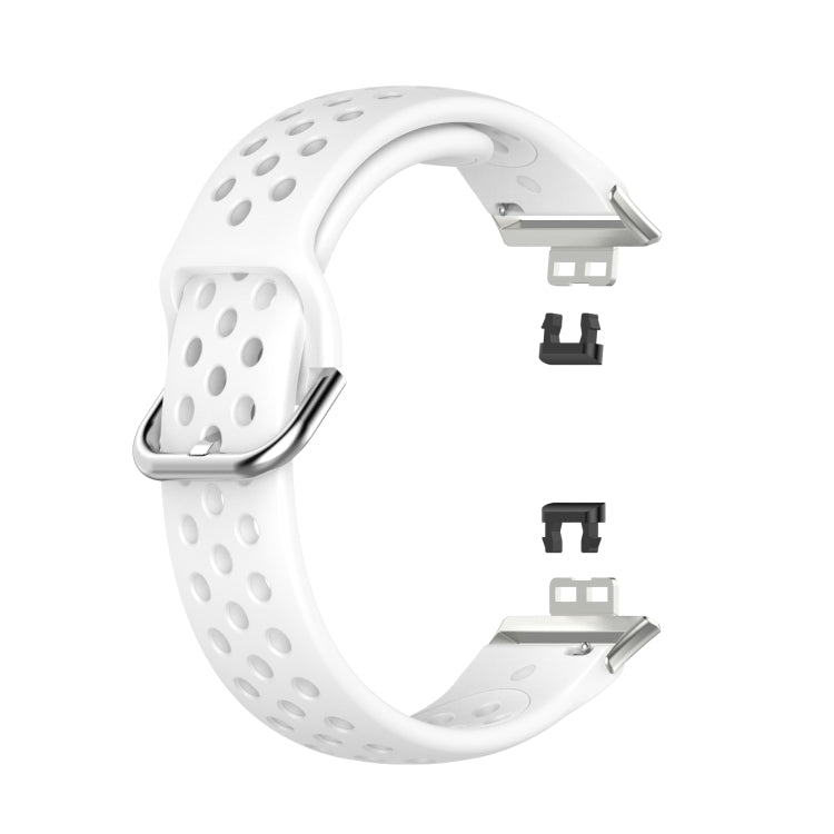 White perforated silicone watch strap, showing clasp ends and included replacement parts.