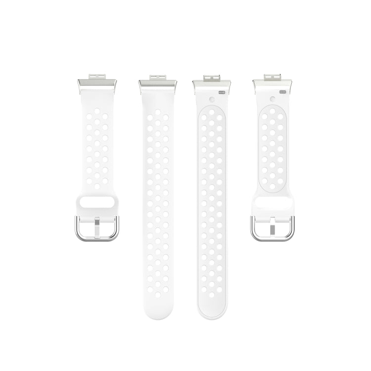 Set of white perforated silicone replacement watch straps with buckle clasp.