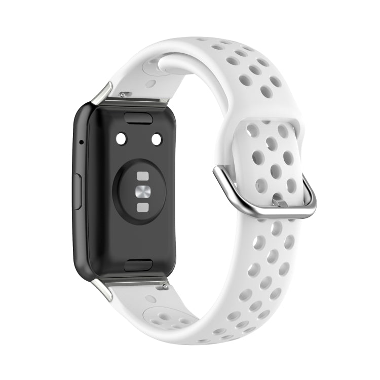 White perforated silicone watch strap holding a black smartwatch face.