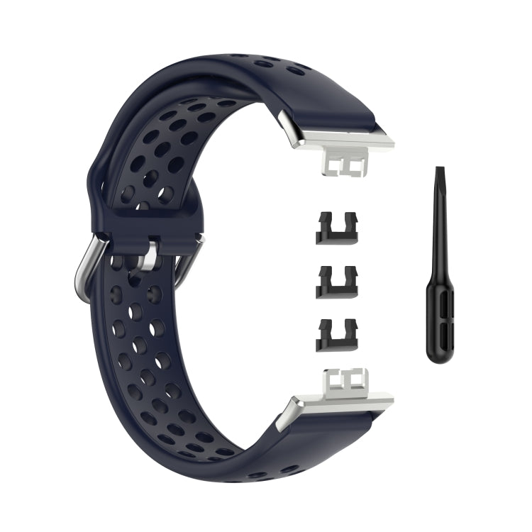 Dark blue perforated silicone watch strap with metal buckle