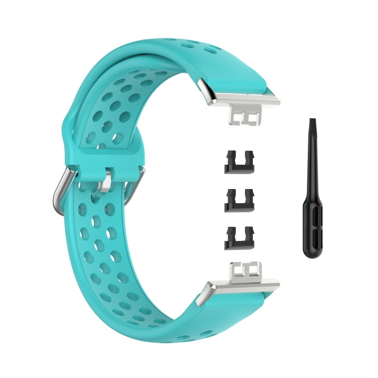 Teal perforated silicone watch strap with metal buckle