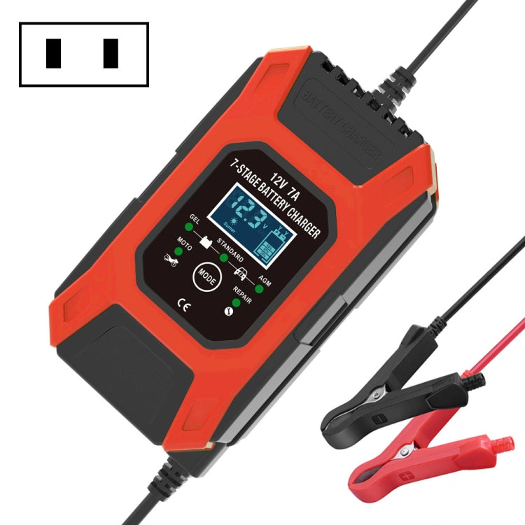 Red 12V battery charger with LCD display and black cable, plus red/black clamp leads
