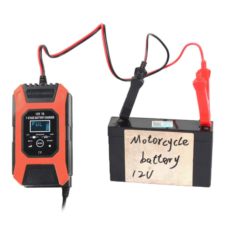 Orange 12V battery charger and alligator clips with 12V motorcycle battery