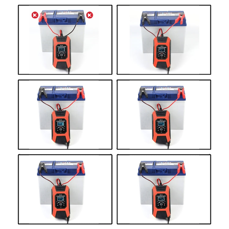 12V battery charger usage diagrams showing correct clip connection to a battery