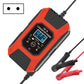 Red 12V battery charger with LCD display and black cable plus red/black clamp leads