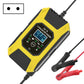 Yellow 12V battery charger with 7A display, US plug, and battery clamp leads