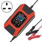 Red 12V battery charger with 7A display, EU plug, and battery clamp leads
