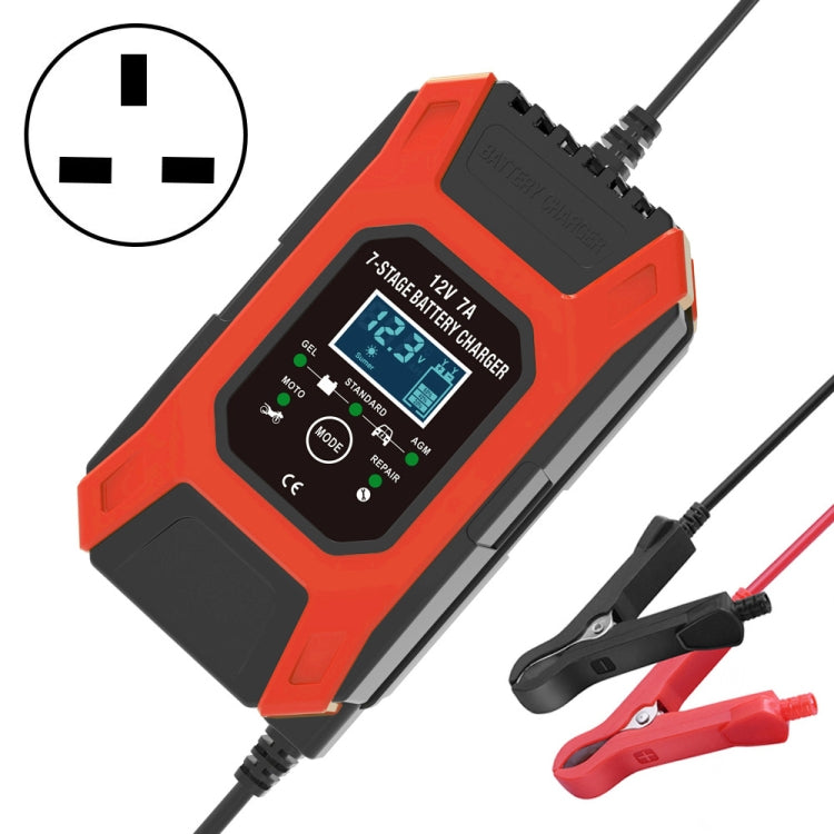 Red 12V battery charger with 7A display, EU plug, and battery clamp leads