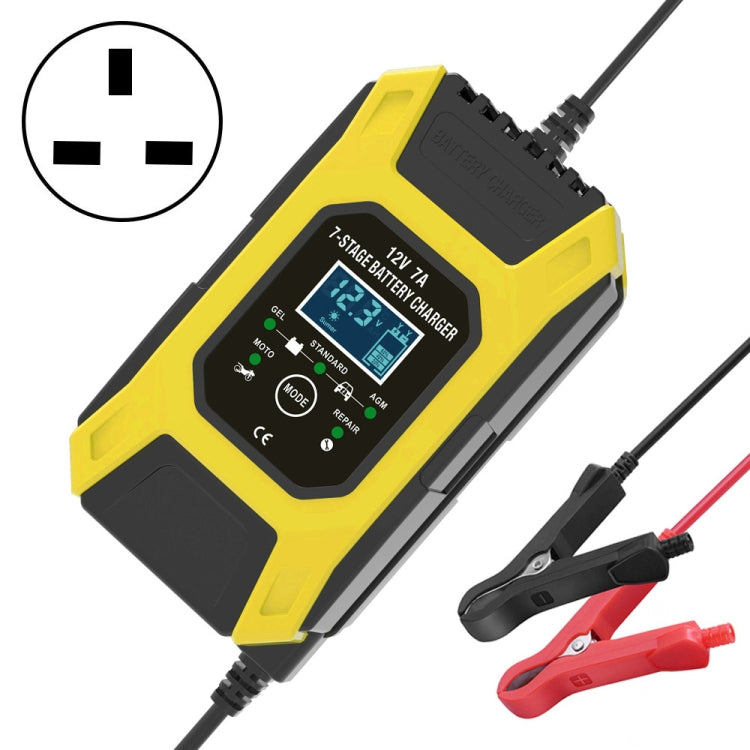 Yellow 12V battery charger with 7A display, EU plug, and battery clamp leads