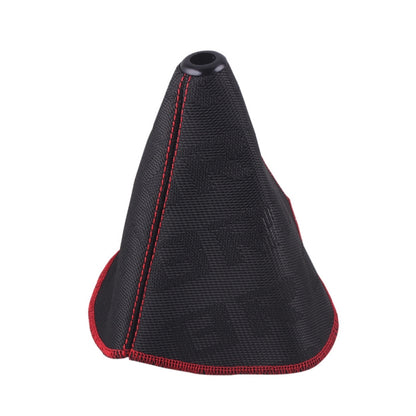 Black patterned shift knob dust cover with red edge stitching and round top opening