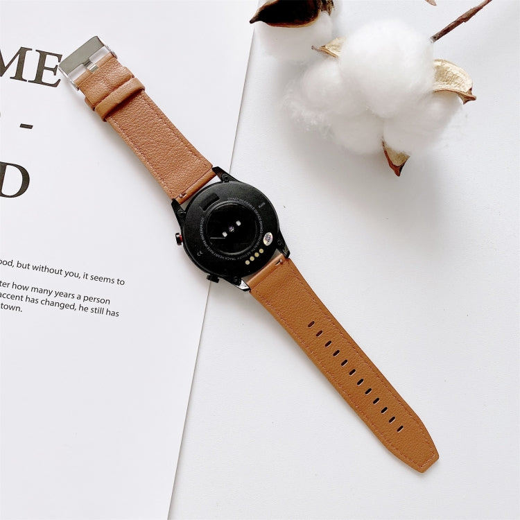 Brown leather watch strap with litchi texture and metal buckle, for smartwatch