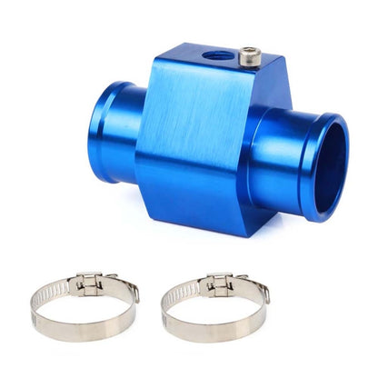 Blue aluminum car water temperature sensor adaptor with two stainless hose clamps