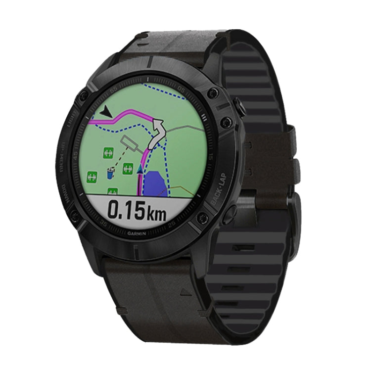Dark grey silicone and leather watch band with buckle and strap vent grooves