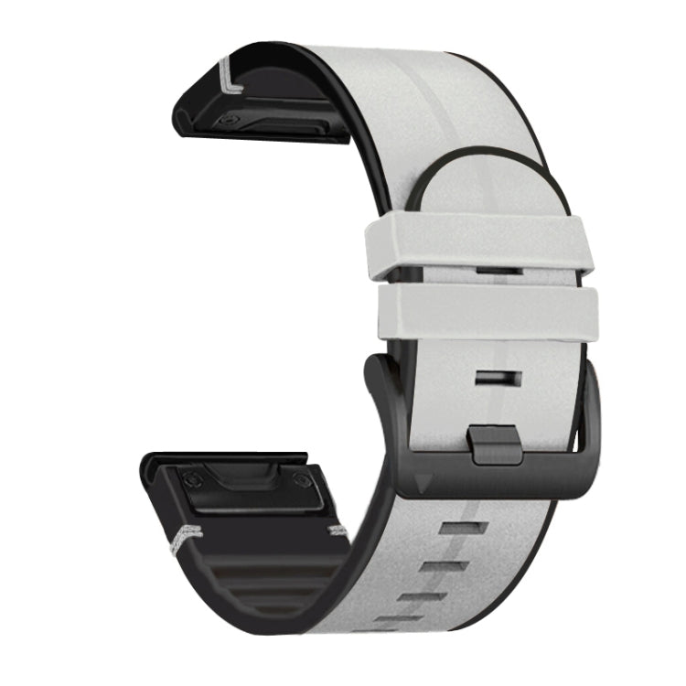 Light grey silicone and leather watch strap with quick-release buckle and black clasp.