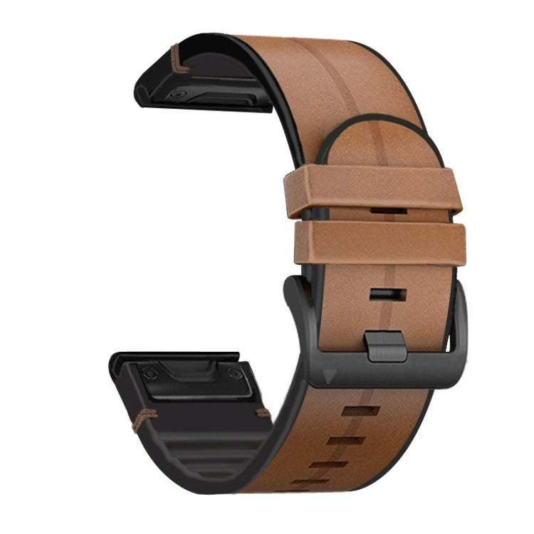 Coffee brown silicone and leather watch strap with quick-release buckle and black clasp.