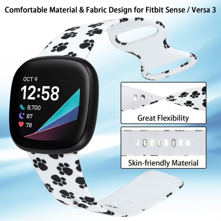 White paw-print silicone watchband strap for Fitbit Versa 3, size S, with secure clasp