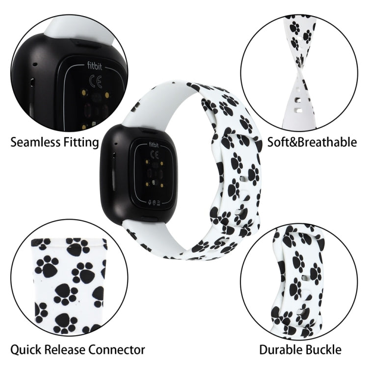 White paw-print replacement watchband for Fitbit Versa 3, size S; quick-release connector view