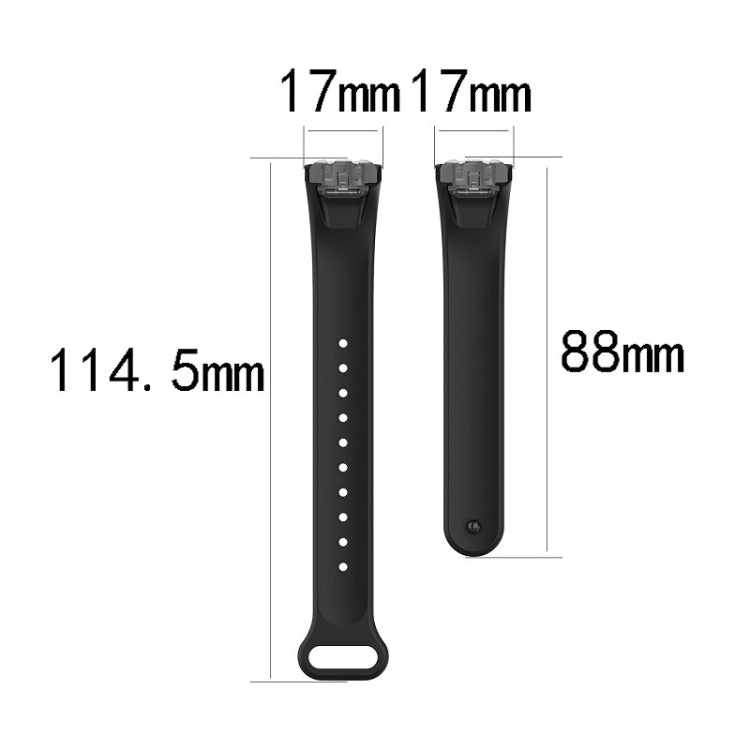 Black silicone watch strap size chart: 114.5mm length, 17mm width
