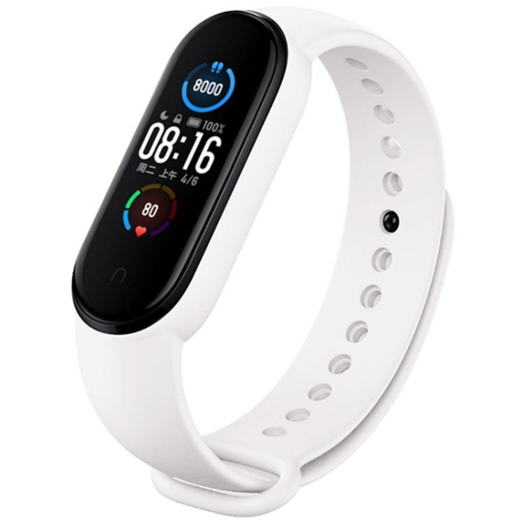 White silicone watch strap with multiple adjustment holes and pin buckle for Mi Band 6.