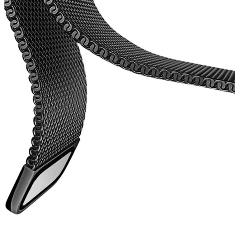 Close-up of black milanese stainless steel watch band links