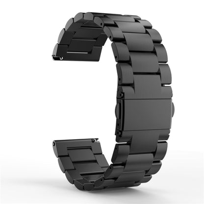 Black 22mm stainless steel watch band with flat triple-buckle clasp, angled