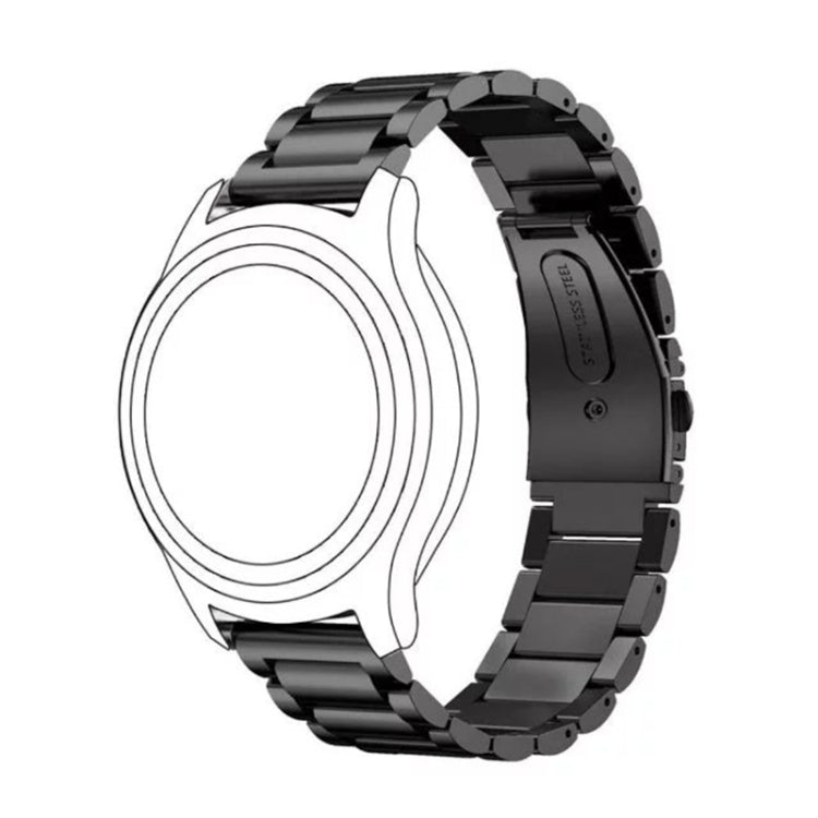 Black 22mm stainless steel watch band with flat triple-buckle clasp and links