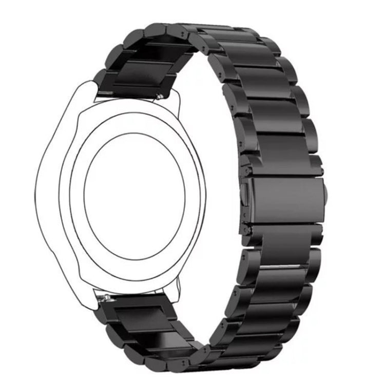 Black 22mm stainless steel watch band with flat triple-buckle clasp, side view