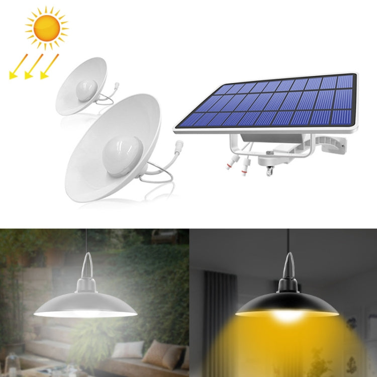 2-in-1 solar chandelier light with two white disc lamps and blue solar panel