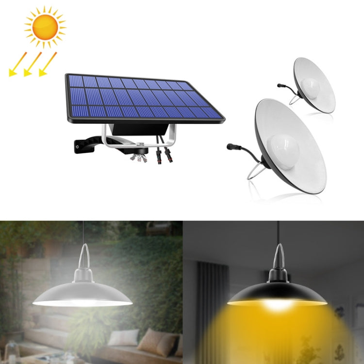 2-in-1 solar light with two white disc lamps and blue solar panel, outdoor-ready