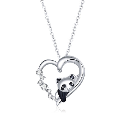 Sterling silver heart pendant necklace with panda face charm and crystal-like accents