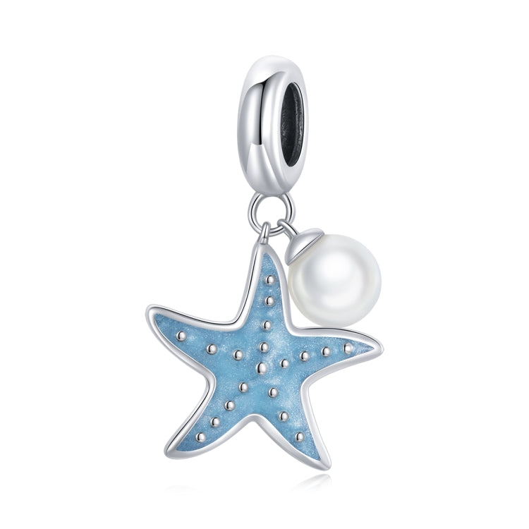 Blue enamel starfish charm with white shell pearl on S925 sterling silver link
