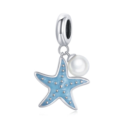 Blue enamel starfish charm with white shell pearl on S925 sterling silver link