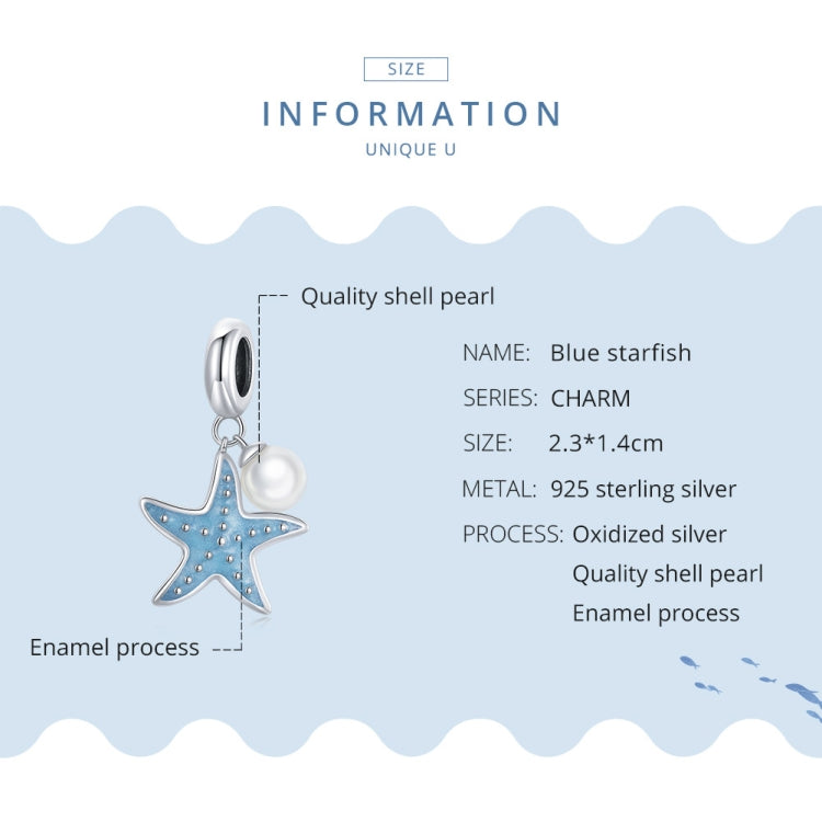 Blue starfish charm with white shell pearl on S925 sterling silver hanging ring
