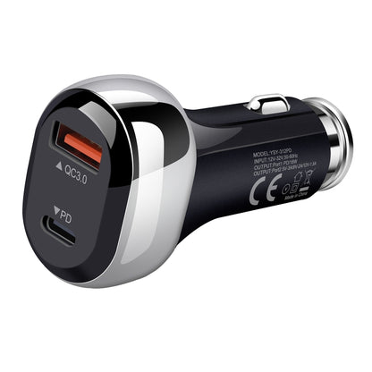 Black car charger with QC3.0 USB-A and PD USB-C ports for dual fast charging.