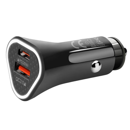 Black car USB-C fast charger with QC3.0 and PD20W ports, triangular dual interface